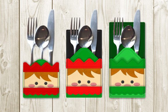 Christmas Elf Face Silverware Sleeve ITH